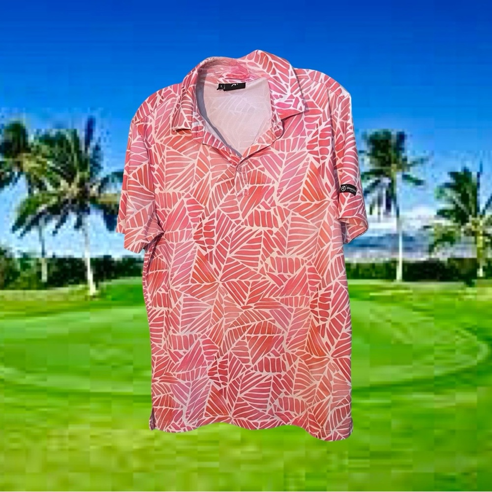 GreenSide Orange Pink Leaf Pattern Golf Polo Shirt Men’s Size Small